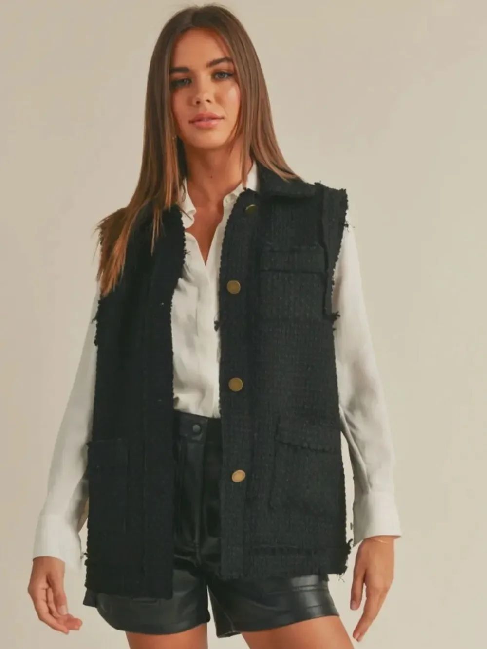MIOU MUSE M black tweed buttoned pocket wool blend vest